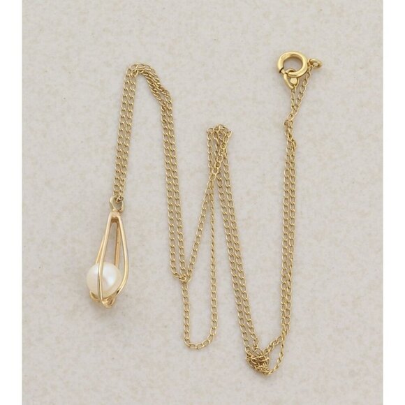 14k Yellow Gold Freshwater Pearl Necklace 15" Chain Petite Woman Teen Child - Picture 1 of 8